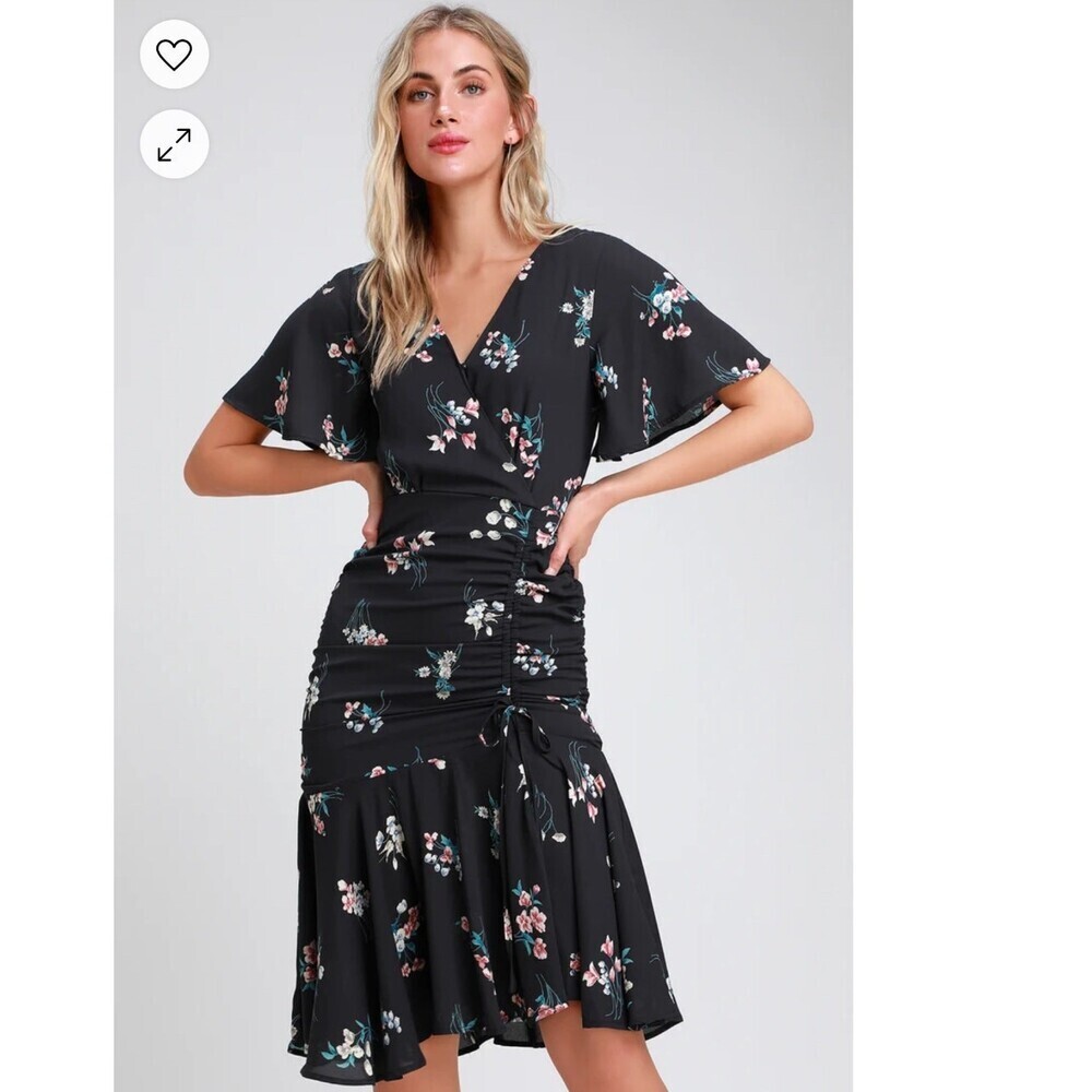 Lulus Sherwood Navy Blue Floral Print Ruched Midi Dress wrap top SZ SM ruffle